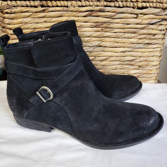 BORN Faywood Boots Womens 9.5 Black Suede Leather Buckle Straps Short Ankle Zip - Picture 1 of 8